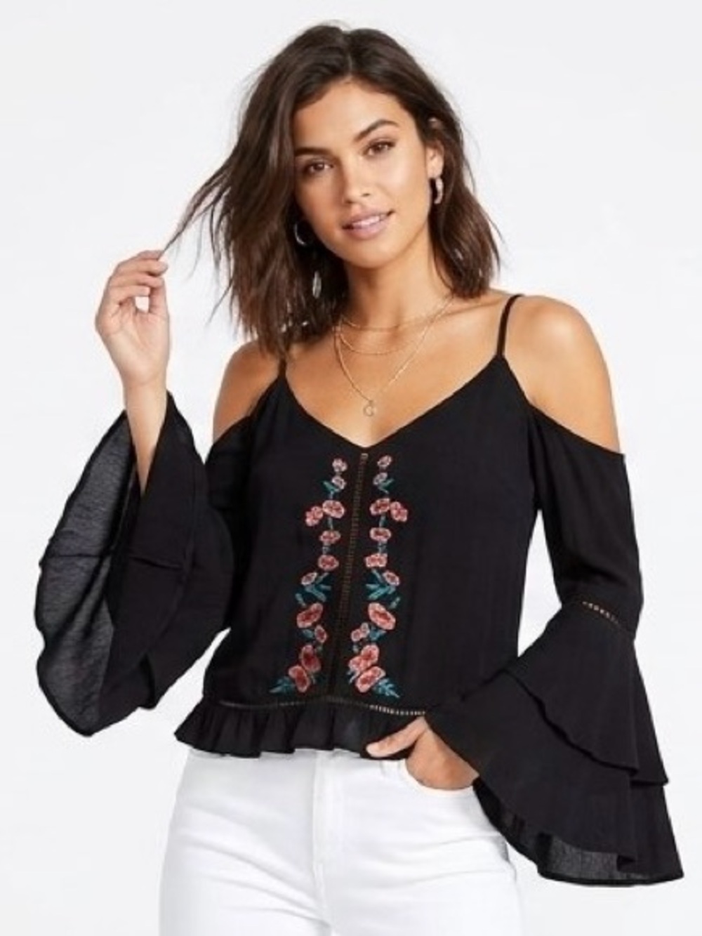 Guess Black Cold-Shoulder Floral Embroidered Top with Bell Sleeves